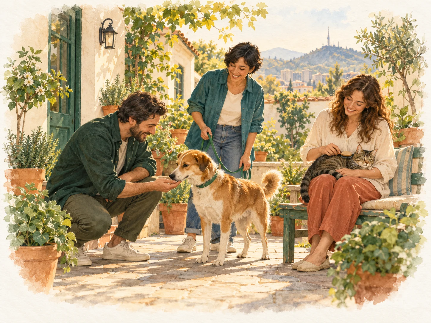 Tres personas comparten un momento de cuidado con un perro y un gato en un patio con plantas.